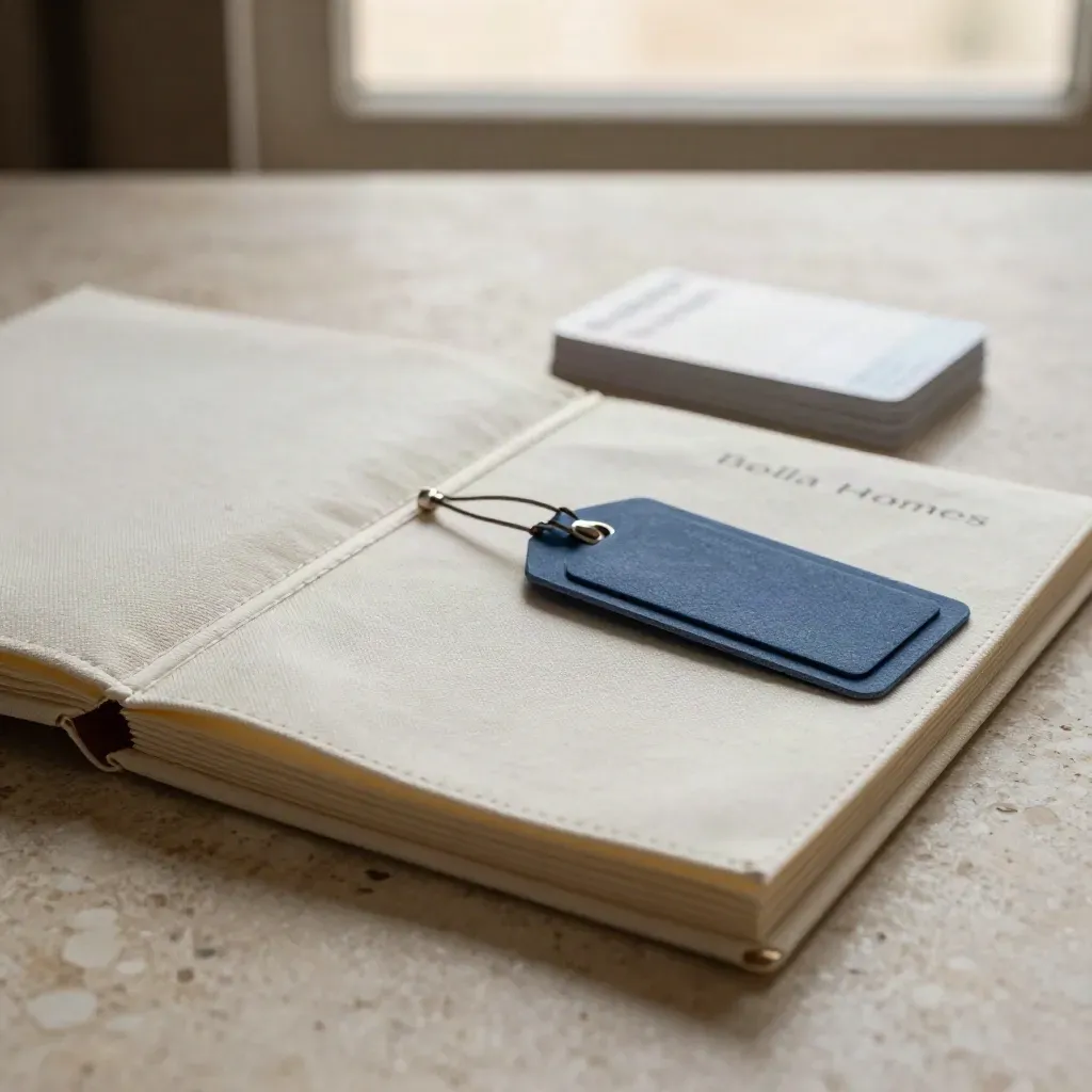 Off-white canvas Milan move pack with map fan, transit token and luggage tag on pale travertine.