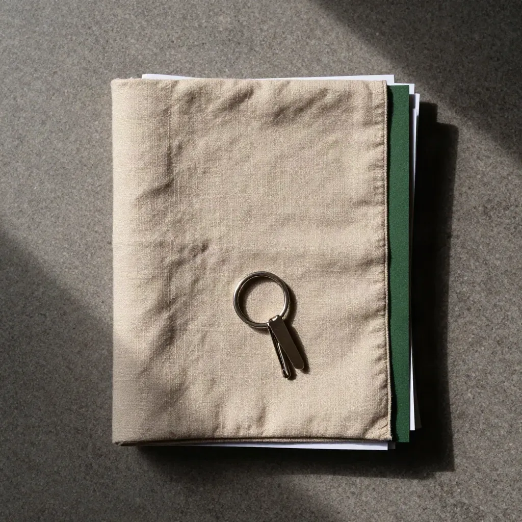 Overhead rental-check folio with linen throw, key ring and paper tabs on pale stone.