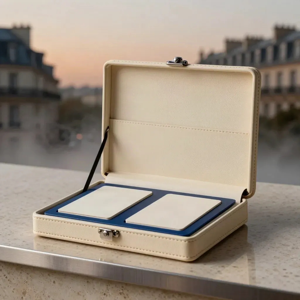 Cream Paris buyer-call folio on travertine with slate blue inserts, softly lit in mist.