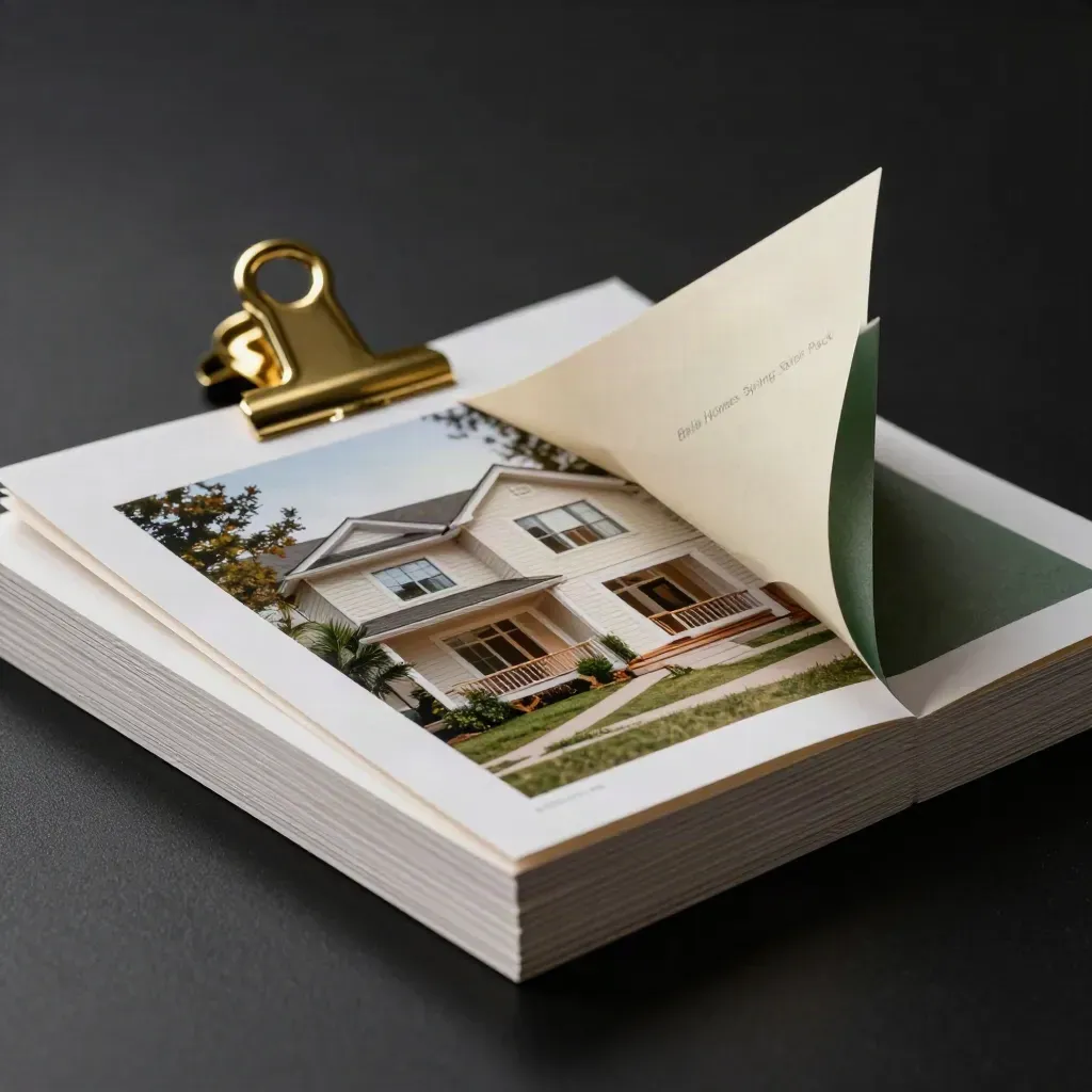 Layered property photo prints and a brass clip glow on a matte-black surface.