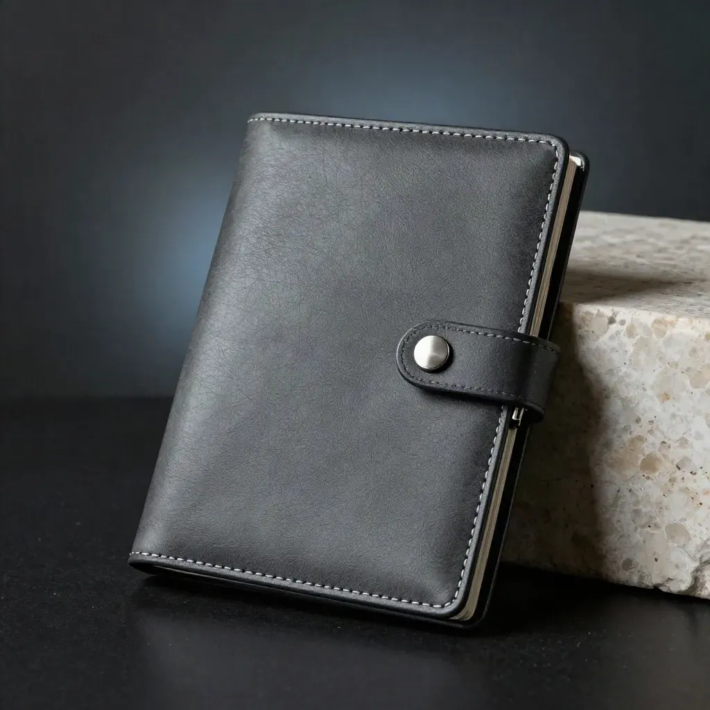 Dark studio product shot of a rental-check folio, sealed sleeve, key token and clip on stone.