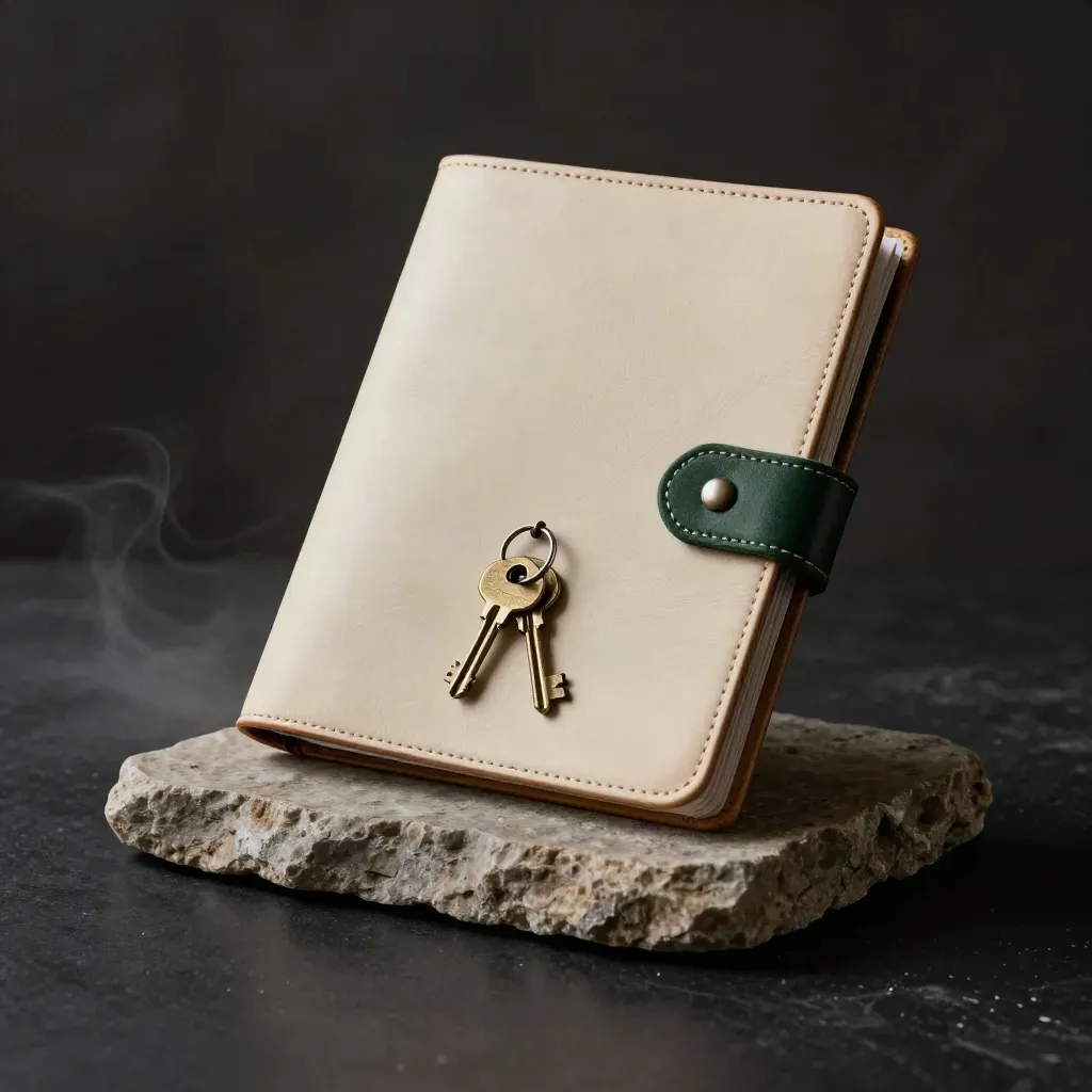 Cream landlord folio, keys and service tabs on stone plinth in dramatic studio light.