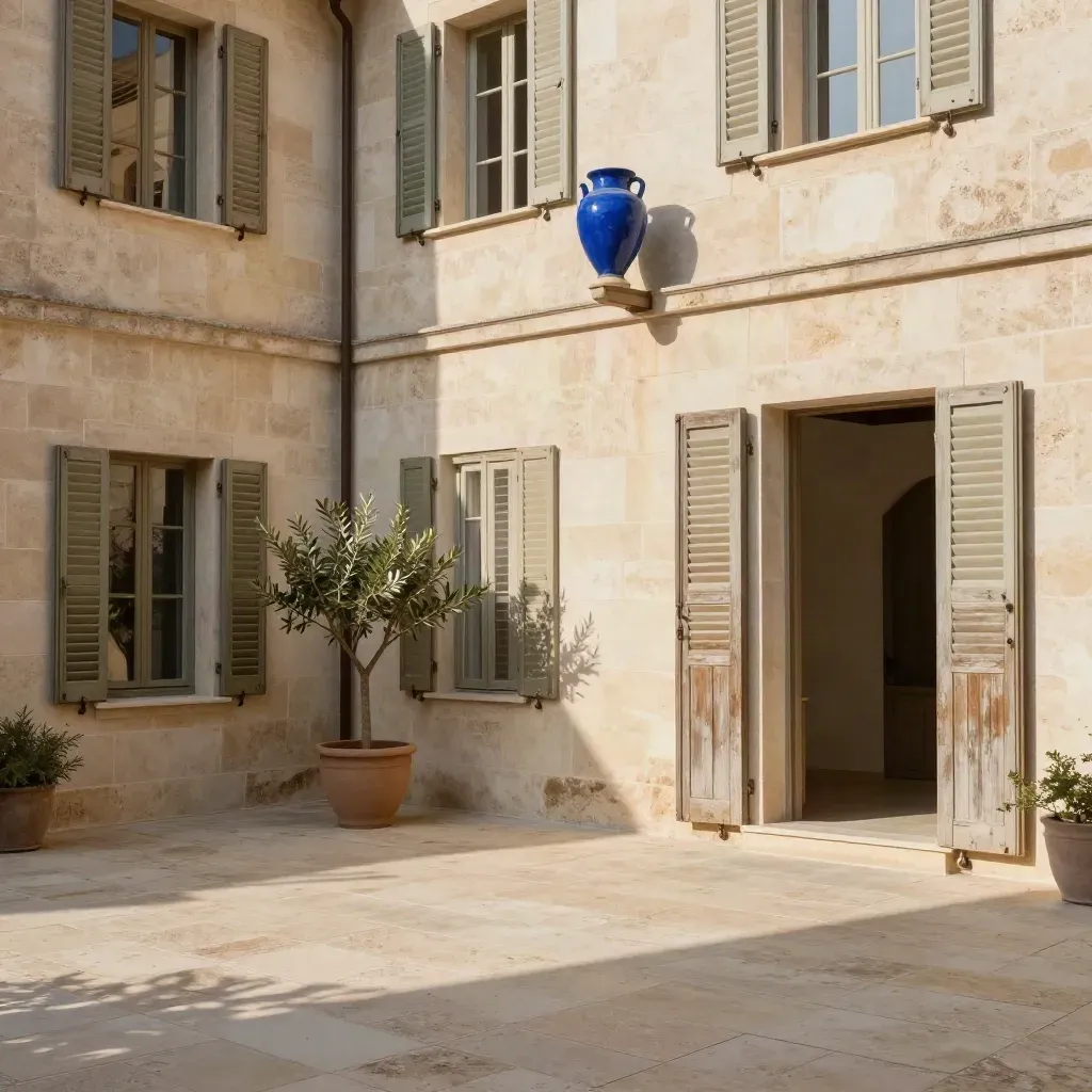 Sunlit limestone courtyard with shuttered facades, olive planter, and calm open stone below.